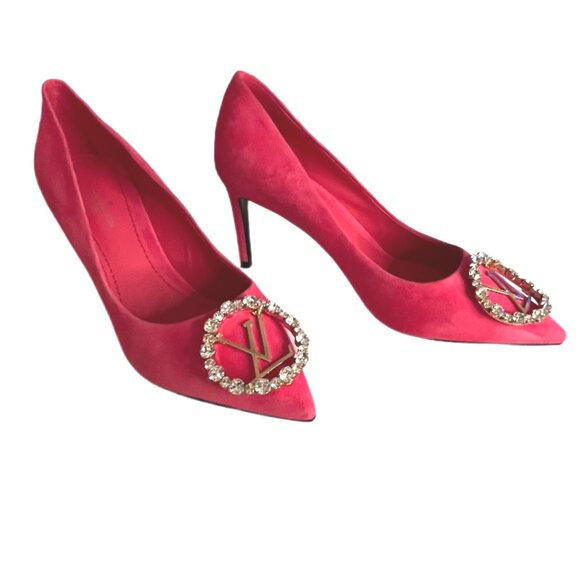 Louis Vuitton Madeleine Raspberry Pink Suede & Crystal Logo Heels Size 35 / US 5 - Picture 7 of 16